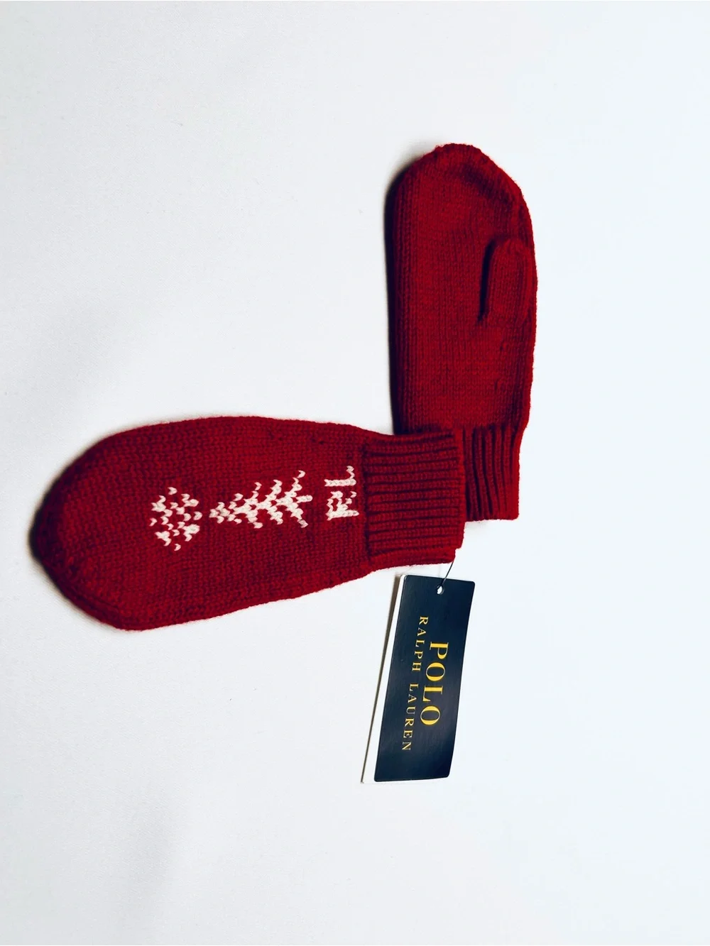 Polo by Ralph Lauren Red Knit Mittens with White Tree Motif